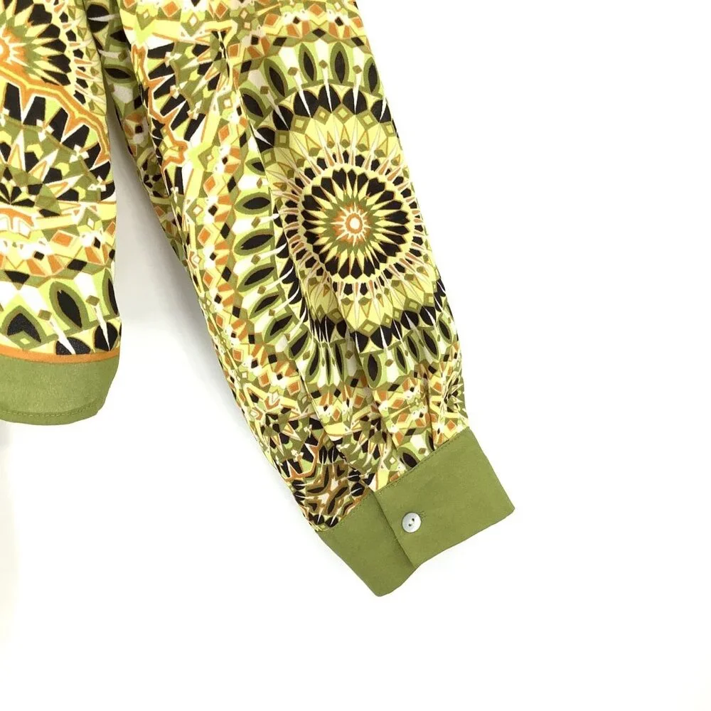 ROSE + OLIVE Top Women's XL Green Multi-Color Geometric Tie Front Blouse - Picture 4 of 5